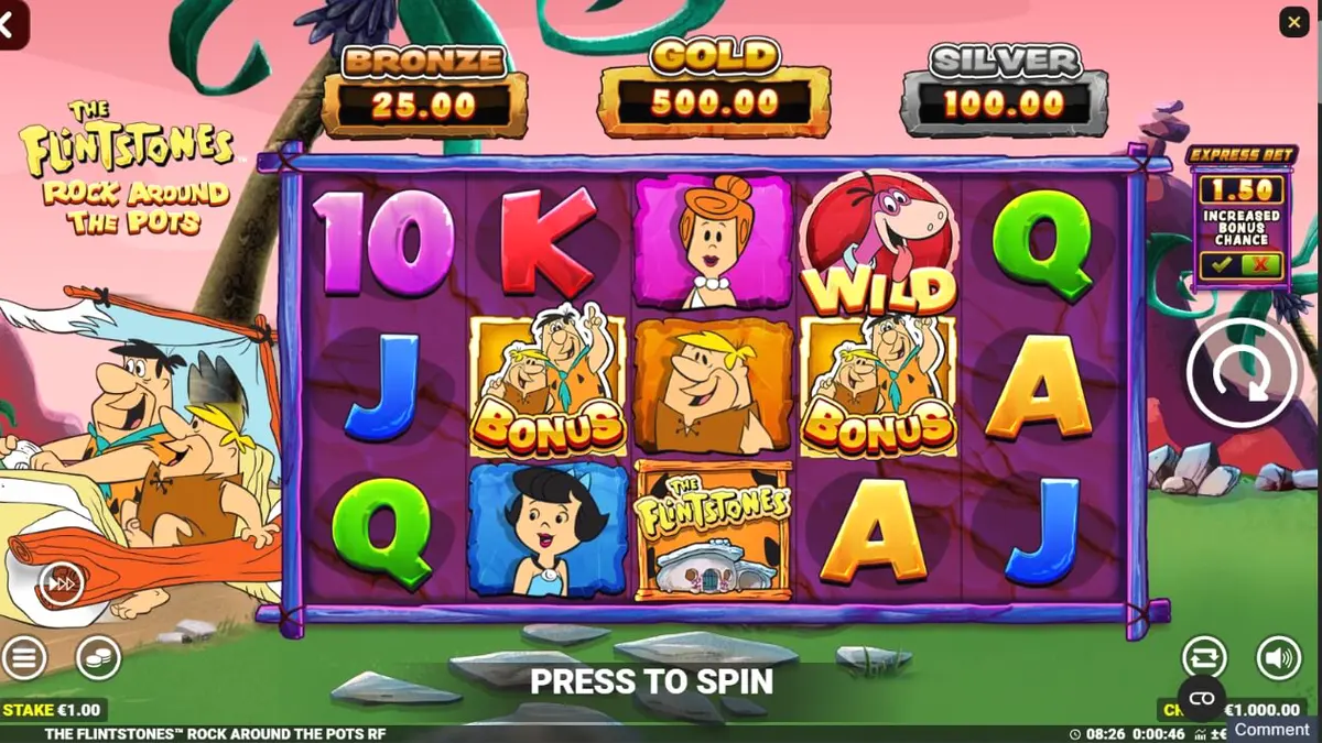 The Flintstones: Rock Around The Pots slot game screen featuring Fred and Barney in Bedrock.