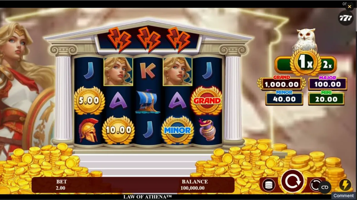 Pemandangan atmosferik slot Law of Athena dengan elemen mitologi Yunani